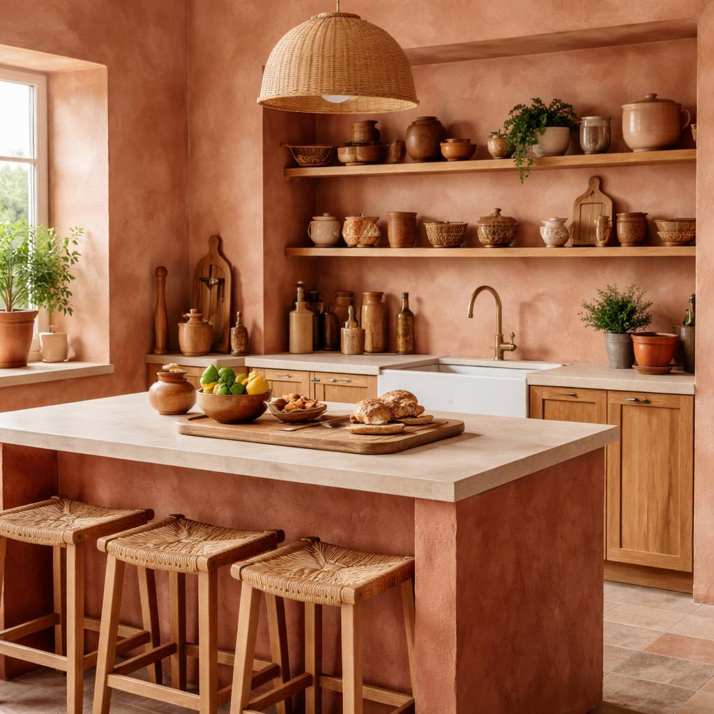 Détail d'un mur en enduit clay terracotta dans une cuisine cozy avec accessoires en terre cuite