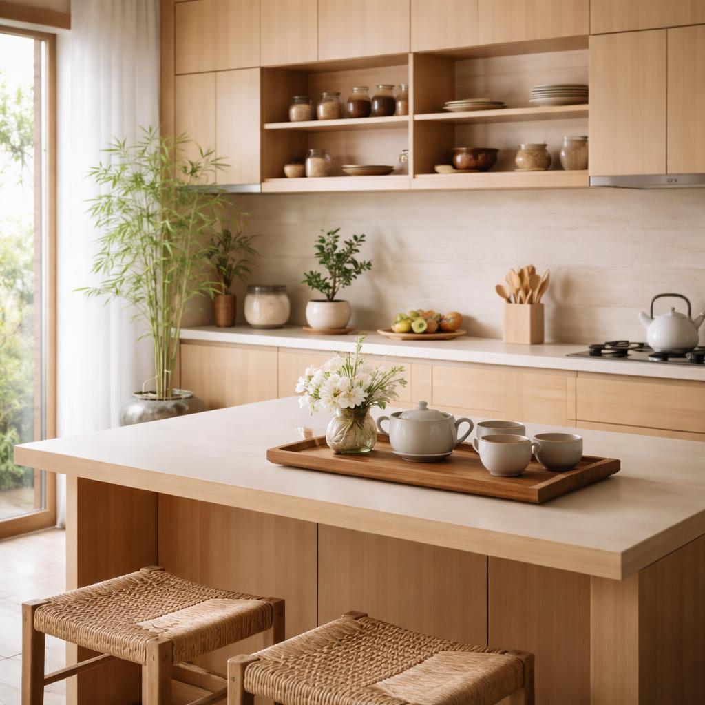 Étagère ouverte en bois naturel dans une cuisine zen japonaise avec rangements minimalistes et plante verte