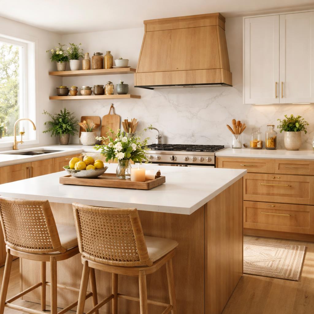 Détail d'une cuisine contemporaine aux teintes vert sauge et bois naturel, ambiance cozy et élégante