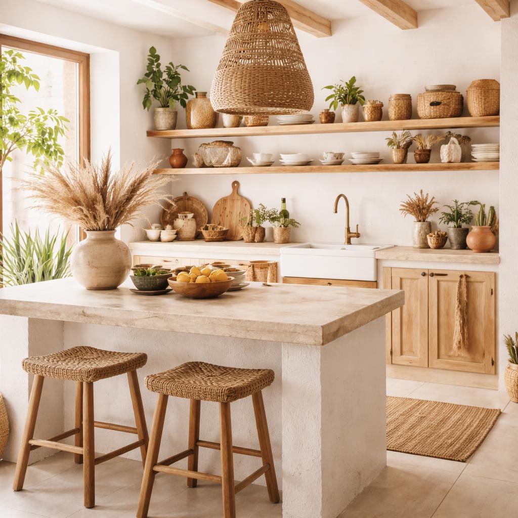 Détail de plan de travail en pierre naturelle avec poteries en grès et herbes aromatiques dans une cuisine boho Ibiza chaleureuse
