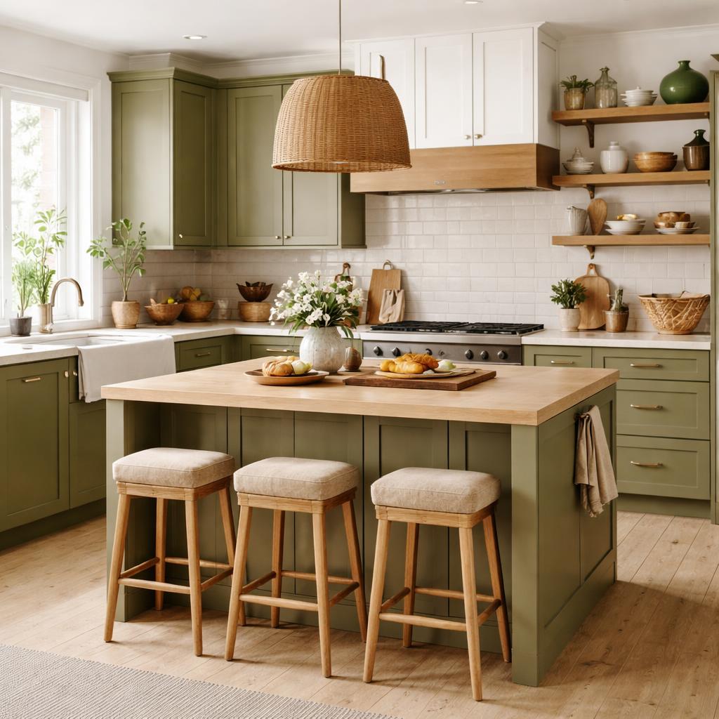 Détail de façades de cuisine vert olive associées à des poignées laiton et une crédence en carrelage beige