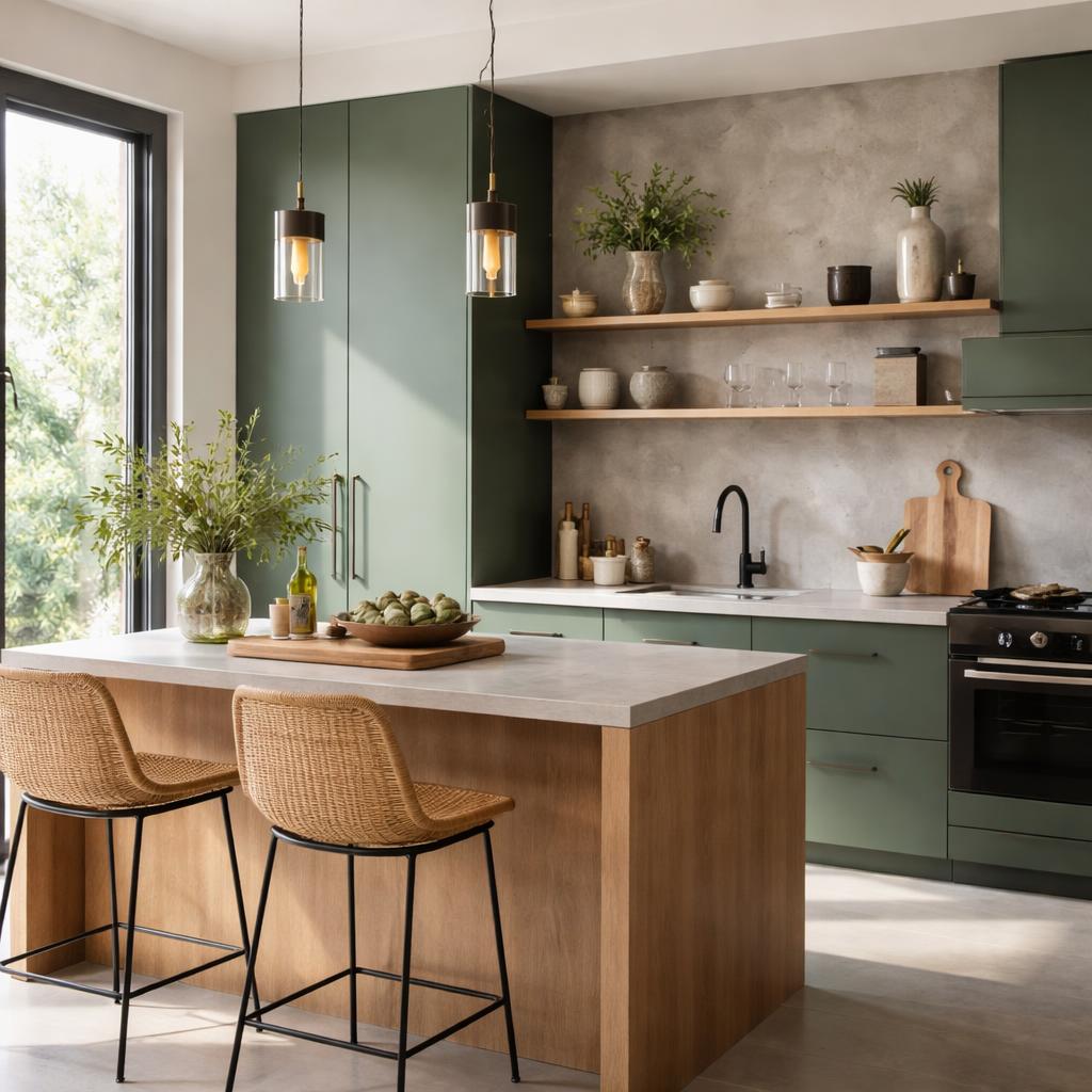 Détail d'une étagère en bois flotté dans une cuisine verte aux tons sauge avec mur béton brut