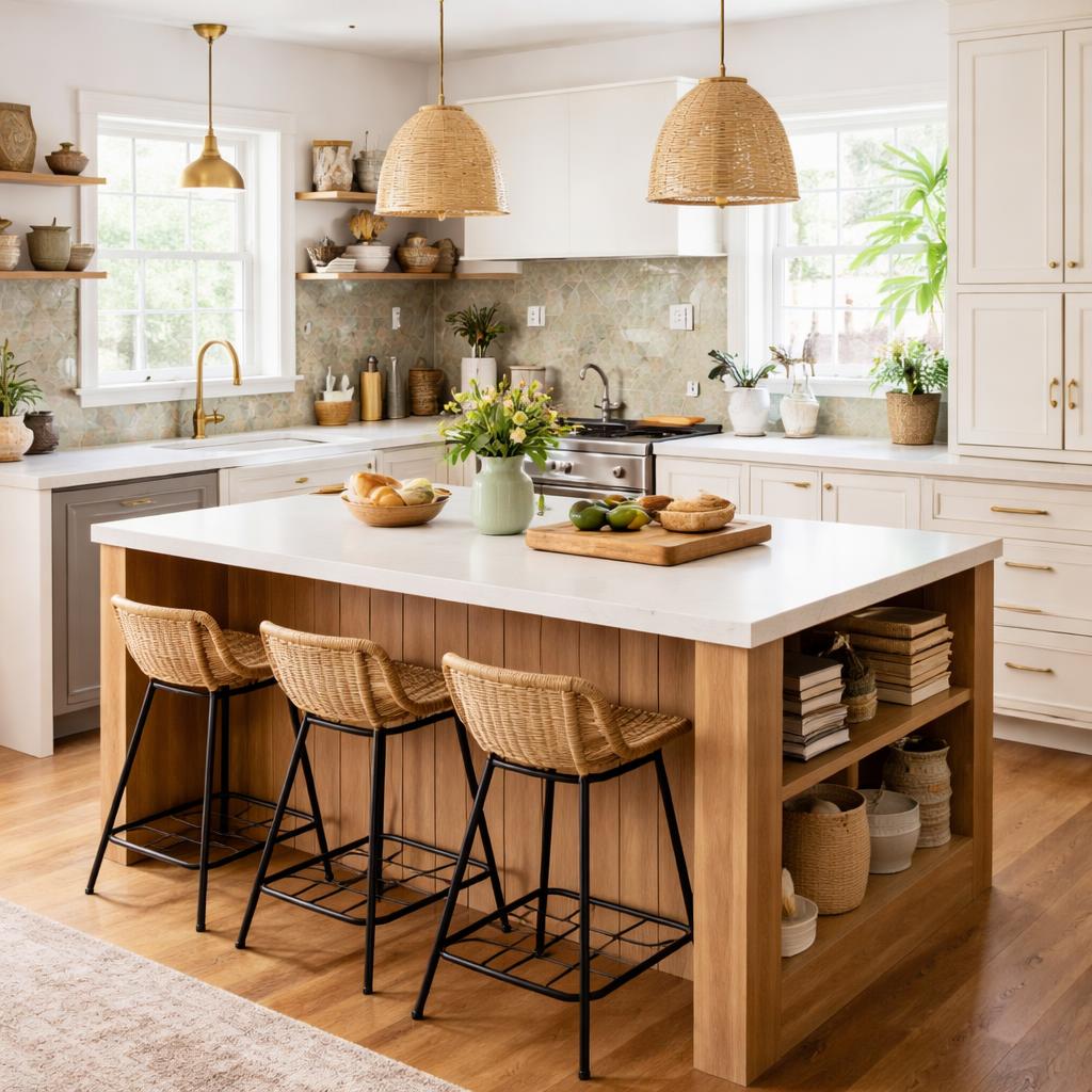 Îlot de cuisine original avec façades bleu nuit et suspensions dorées au-dessus, décoration maison chaleureuse