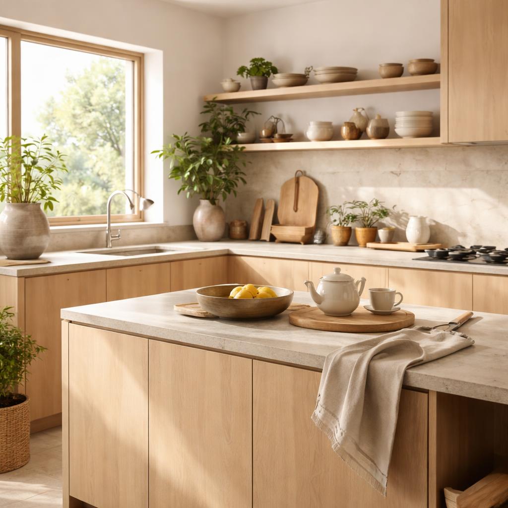Détail d'une cuisine Japandi avec bols en céramique, planche en bois naturel et plante verte posés sur un plan de travail dégagé
