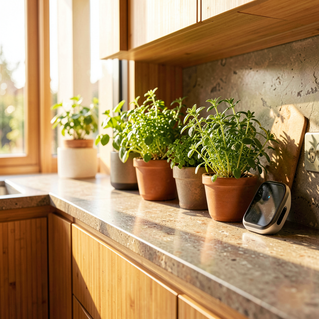 Cuisine ouverte de Villa Sawah avec crédence en bois recyclé et éclairage naturel