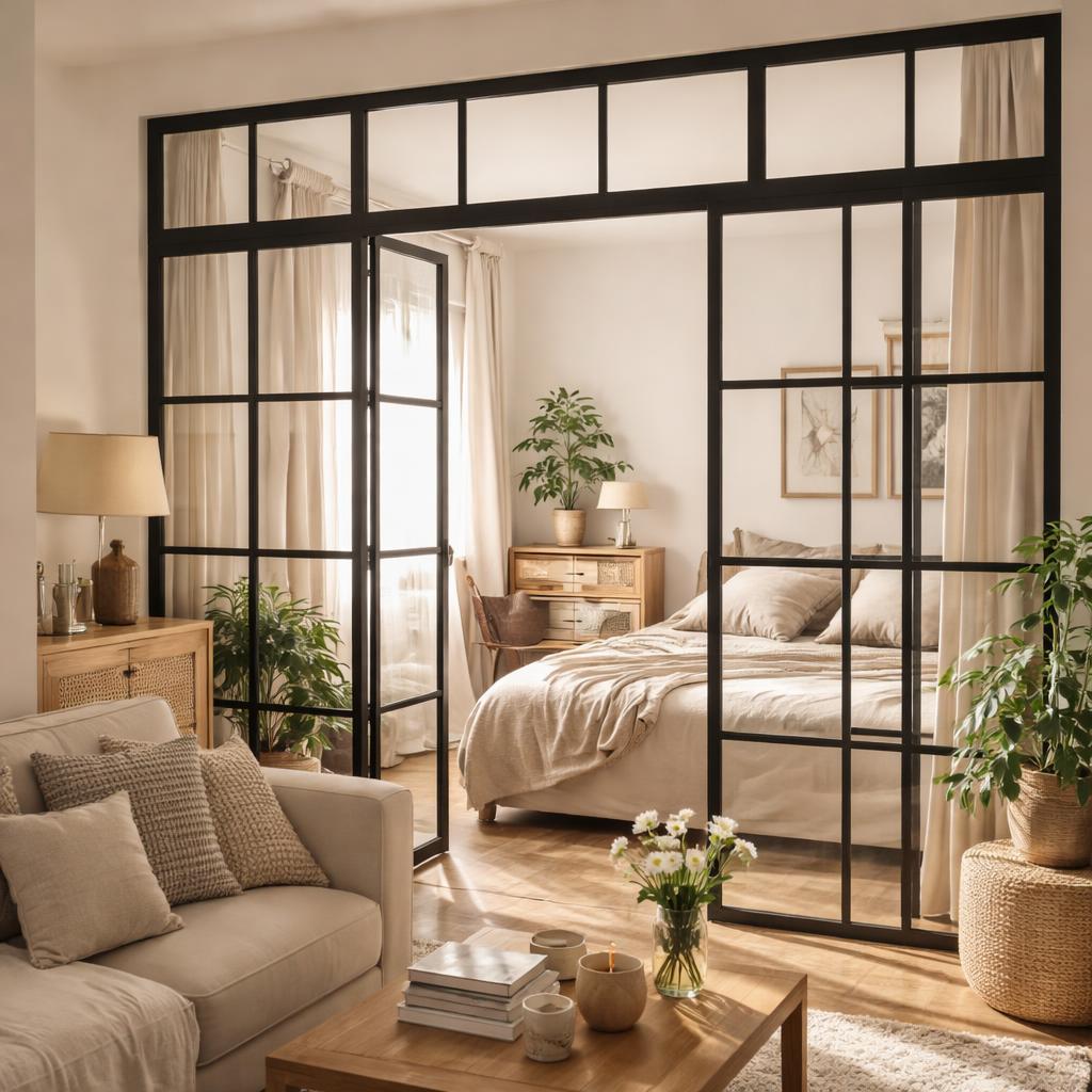 Détail d'une verrière intérieure style atelier séparant un couloir et un séjour décoré avec soin