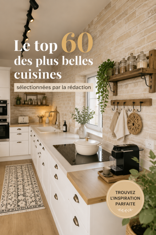 Une cuisine moderne et cozy avec des éléments en bois et des couleurs douces.