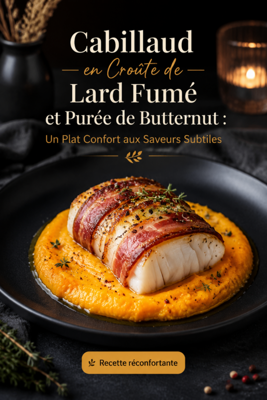 Cabillaud en croûte de lard fumé, servi avec purée de butternut, sur une table cosy