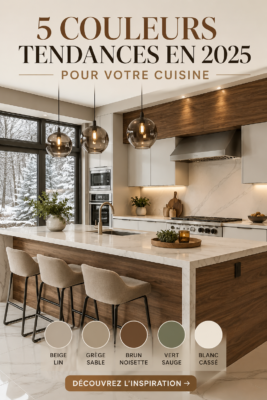 Cuisine moderne avec des teintes tendances de 2025, incluant du vert sauge et beige chaud.