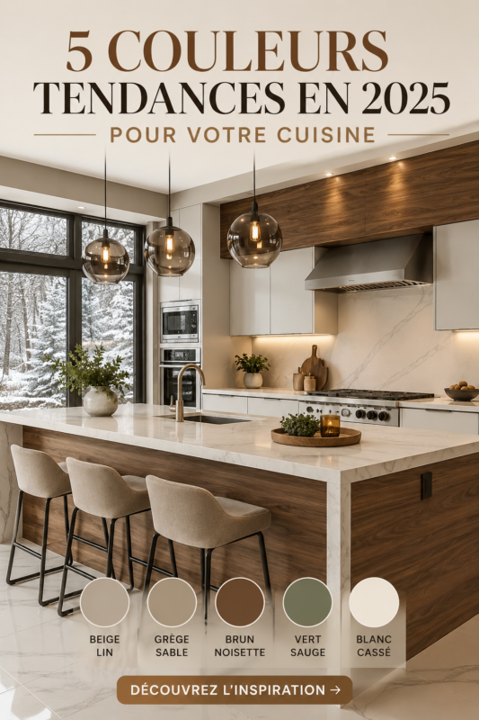 Cuisine moderne avec des teintes tendances de 2025, incluant du vert sauge et beige chaud.
