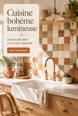 Cuisine bohème lumineuse avec évocation de rotin et lumière naturelle