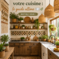 Cuisine au style bohème avec des éléments décoratifs chaleureux et naturels.