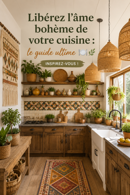 Cuisine au style bohème avec des éléments décoratifs chaleureux et naturels.