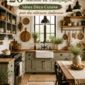 Cuisine boho rustique avec des éléments naturels et des couleurs douces.
