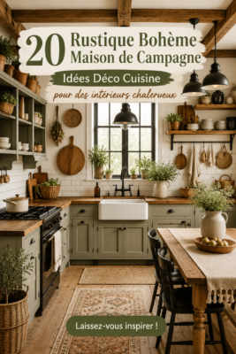 Cuisine boho rustique avec des éléments naturels et des couleurs douces.