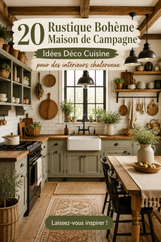 Cuisine boho rustique avec des éléments naturels et des couleurs douces.