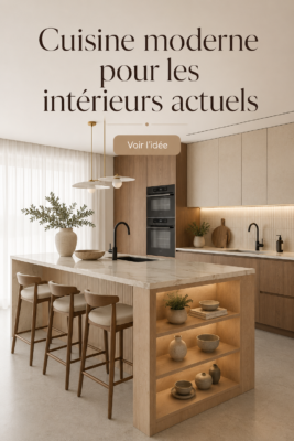 Cuisine moderne avec îlot central en bois, éclairée par de grandes fenêtres.