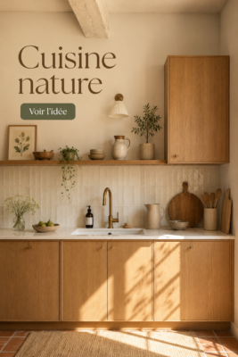 Cuisine moderne avec des matériaux naturels, idéale pour un intérieur cosy.