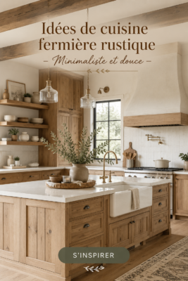Cuisine rustique avec des éléments minimalistes, chaleureuse et accueillante.