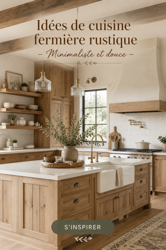 Cuisine rustique avec des éléments minimalistes, chaleureuse et accueillante.