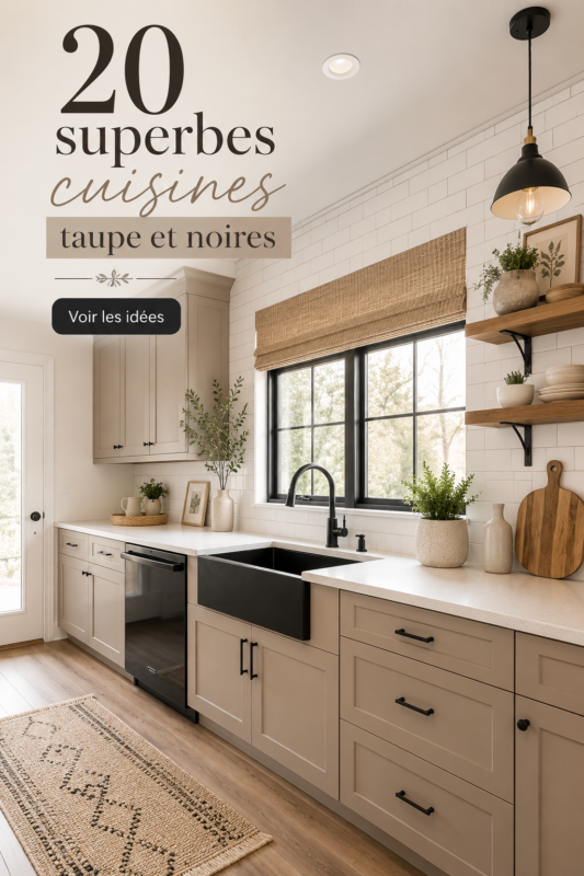 Cuisine moderne en taupe et noir avec des éléments chaleureux