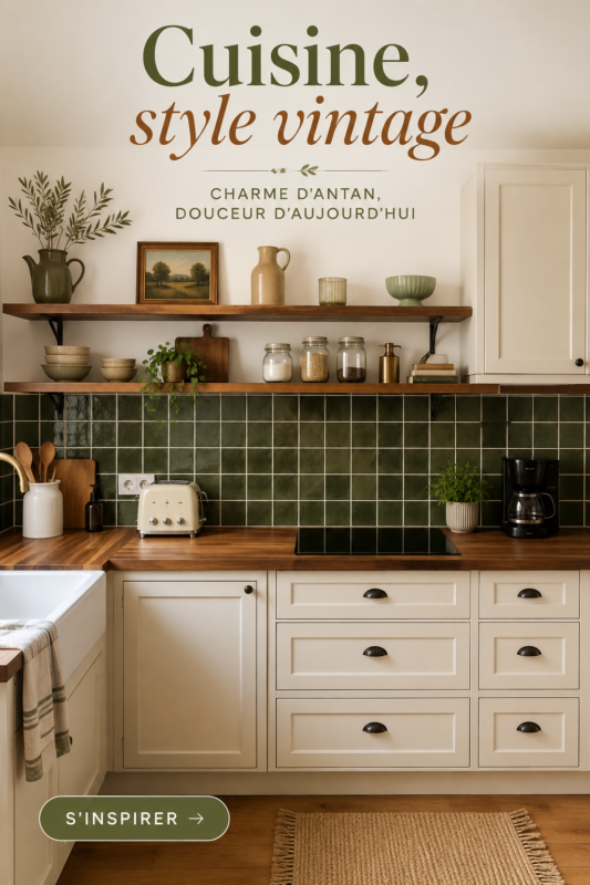 Cuisine vintage avec des meubles blancs et des accessoires déco chaleureuse
