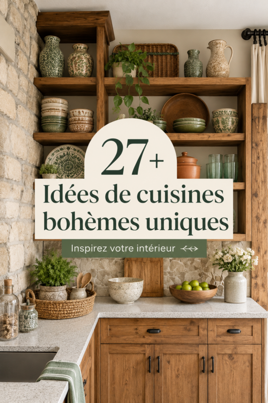 Cuisine boho avec des touches de couleurs vives et des accessoires naturels.