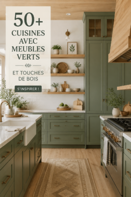 Cuisine moderne avec des meubles verts et des accents en bois