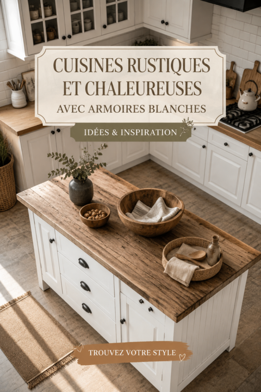Cuisine rustique avec des meubles blancs et une ambiance cozy.
