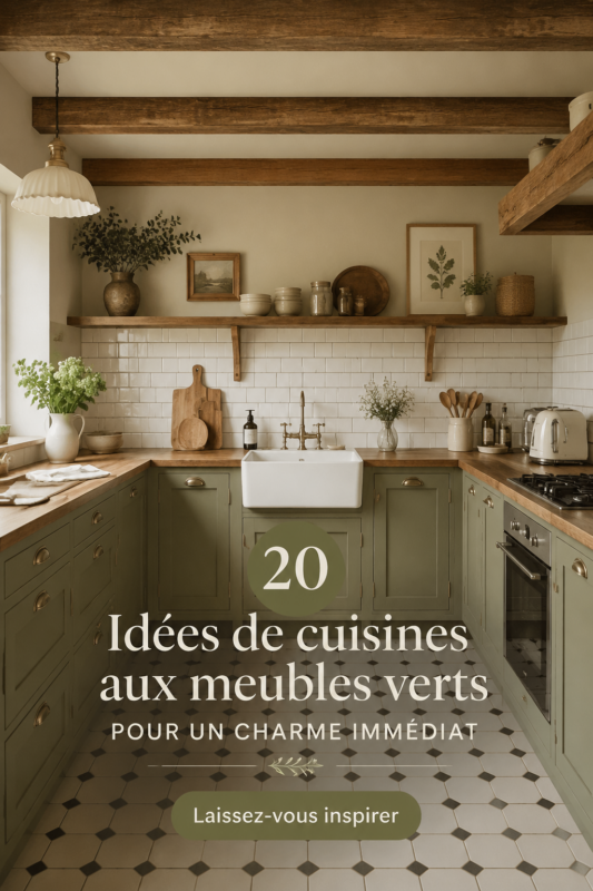 Cuisine moderne avec armoires vertes et décor cosy