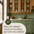 Cuisine moderne avec des éléments en chêne et des touches de vert, créant une atmosphère conviviale.