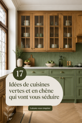 Cuisine moderne avec des éléments en chêne et des touches de vert, créant une atmosphère conviviale.