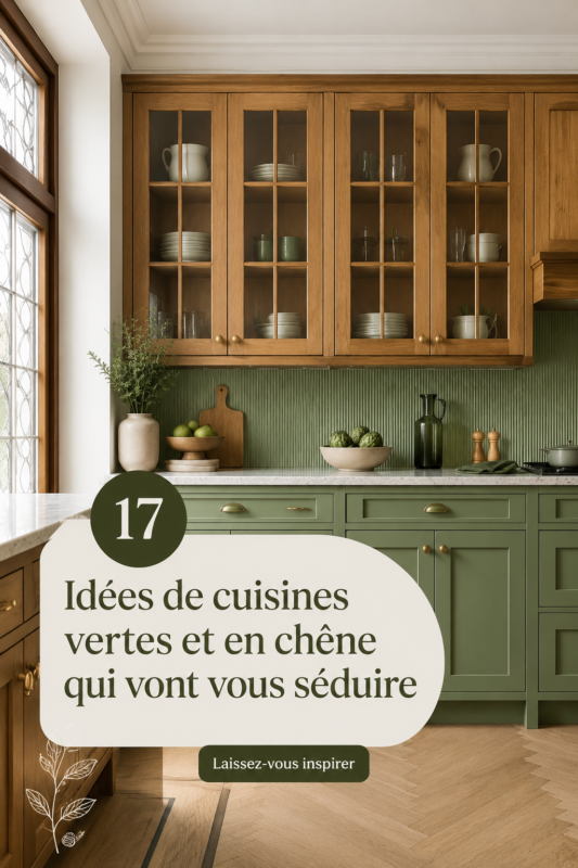 Cuisine moderne avec des éléments en chêne et des touches de vert, créant une atmosphère conviviale.