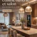 Cuisine ouverte moderne et salon cosy intégrés avec un éclairage chaleureux