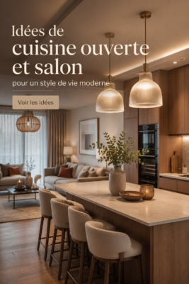 Cuisine ouverte moderne et salon cosy intégrés avec un éclairage chaleureux