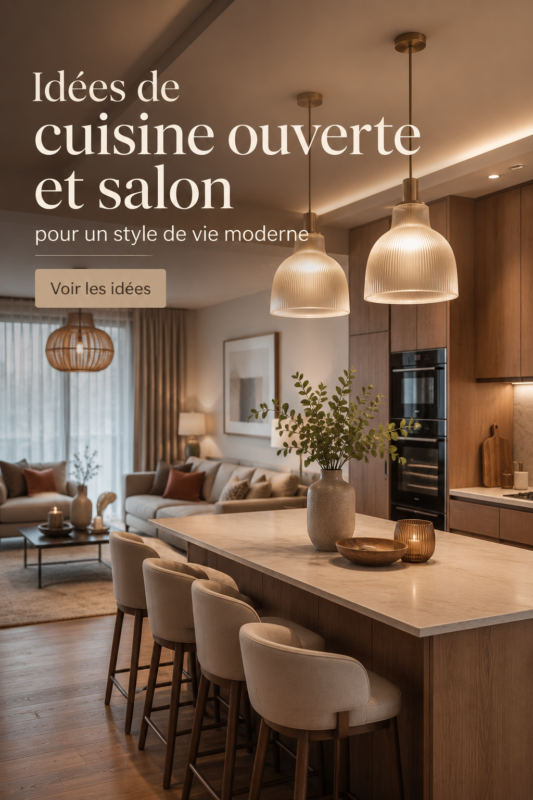 Cuisine ouverte moderne et salon cosy intégrés avec un éclairage chaleureux
