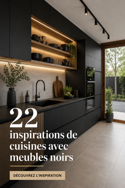 Cuisine moderne avec des meubles noirs élégants et des accessoires lumière