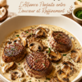 Filet mignon crémeux au Boursin servi avec des champignons et des légumes