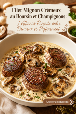 Filet mignon crémeux au Boursin servi avec des champignons et des légumes