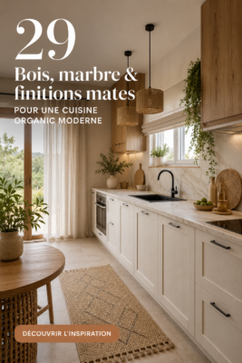 Cuisine moderne avec des finitions en bois et marbre, créant une ambiance chaleureuse et conviviale.