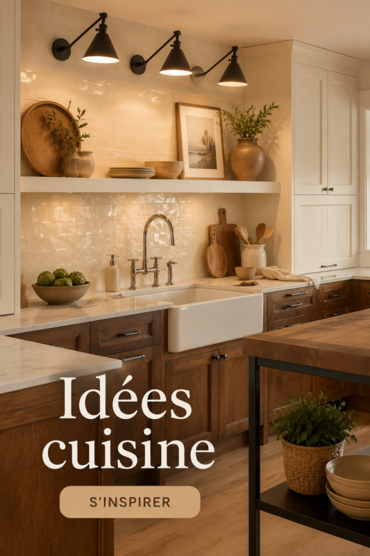 Une cuisine accueillante avec des couleurs chaudes et des accessoires décoratifs