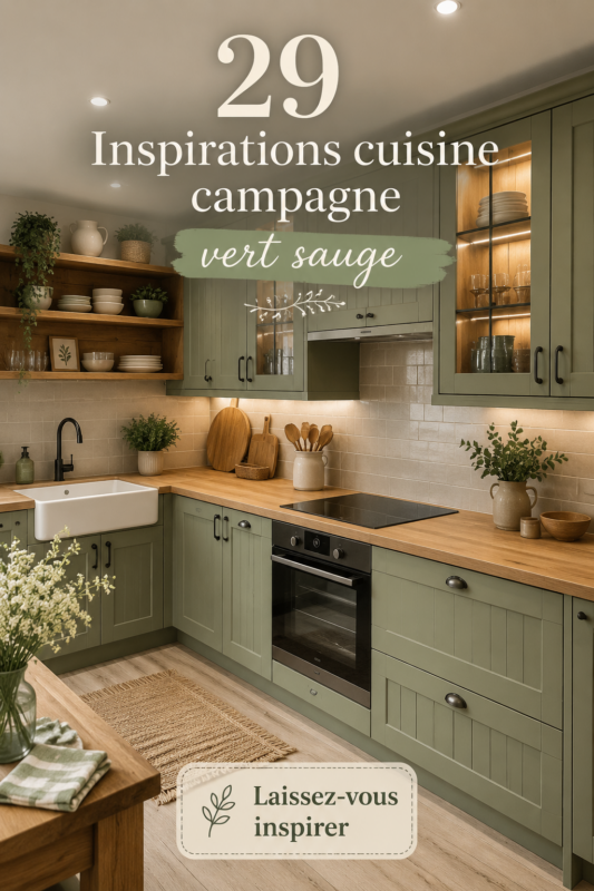 Cuisine cosy avec des accents en vert sage, ambiance chaleureuse et accueillante