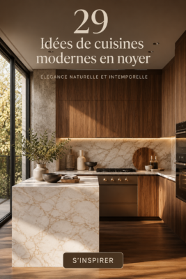 Cuisines modernes avec des meubles en noyer, ambiance chaleureuse et élégante.