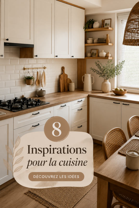 Une cuisine cosy avec des touches de bois et des couleurs chaleureuses.