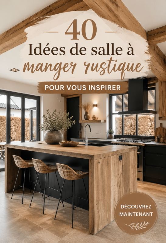 Salle à manger rustique décorée avec des éléments en bois et des couleurs terreuses.