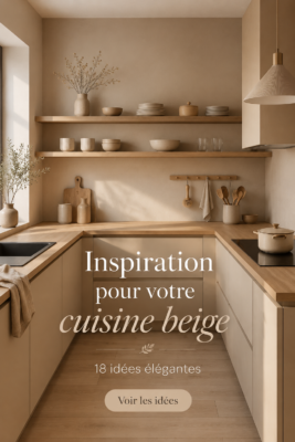 Cuisine beige décorée avec des éléments en bois et une ambiance chaleureuse.