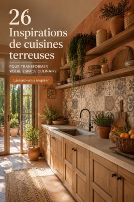 Cuisine chaleureuse avec des matériaux naturels et une décoration cozy.