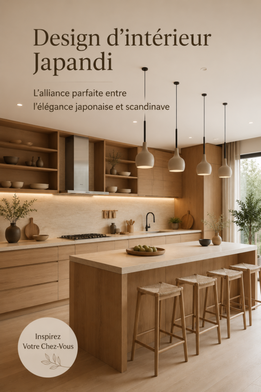 Intérieur japonais scandinave avec des éléments décoratifs chaleureux.