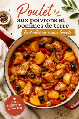 Plat de poulet aux poivrons et pommes de terre fondantes en sauce tomate, présentation conviviale.
