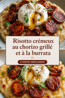 Risotto crémeux au chorizo grillé et à la burrata, présenté dans une assiette élégante.